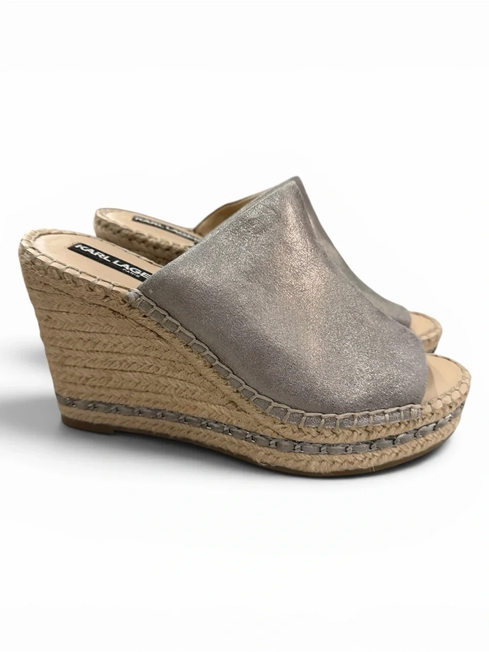 Karl Lagerfeld Pairs Women's 6 Carina Silver Leather Wedge Espadrille Sandals S5